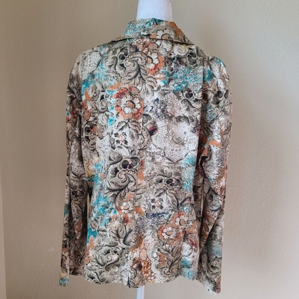 Chicos Floral Jacket 1 / Medium Cotton Spandex Button Up Collar Long Sleeve - Picture 7 of 13